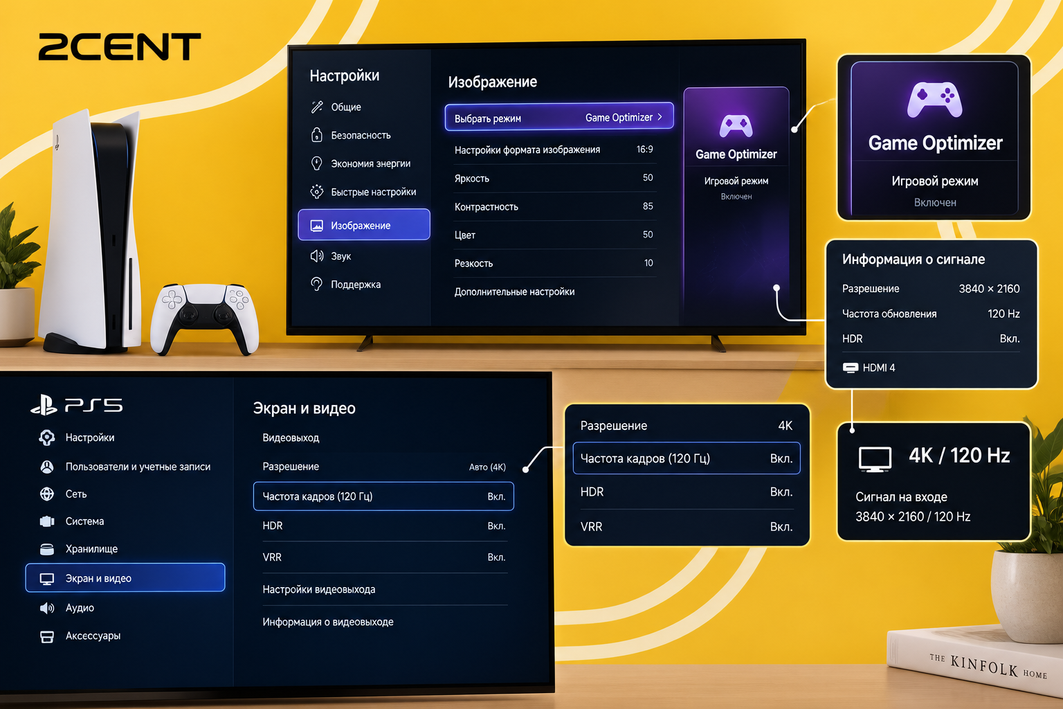 Скриншот настроек PS5 и телевизора LG с включённым 4K и 120 Гц, активированным игровым режимом